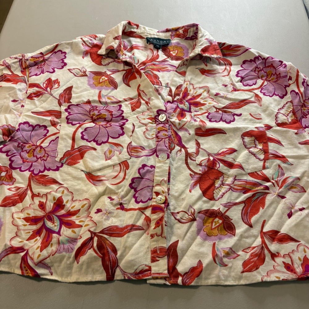 Laundry by Shelli Segal Floral Linen Blend Button Down Top L1WS4047 Cream Large - Picture 6 of 11